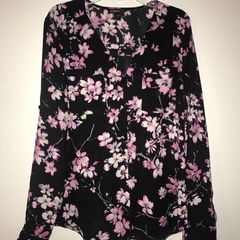 Express Portofino Sheer floral button up shirt size Small